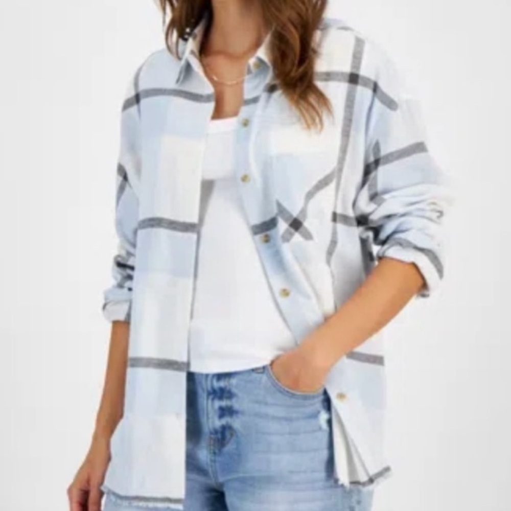 NWOT Just Polly Frayed-Hem Blue, Black & White Plaid Flannel Shirt
